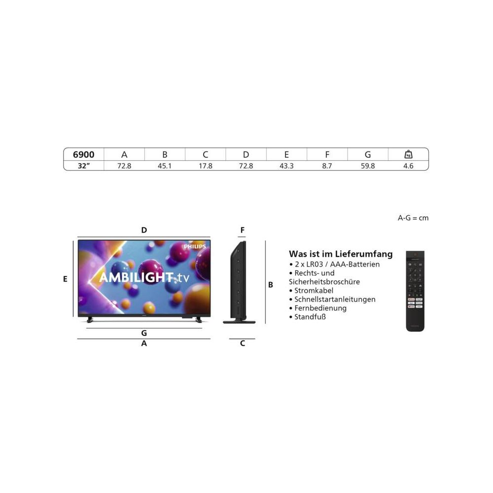 Ein Philips Fernseher mit Ambilight und Fernbedienung, Maße und Lieferumfang.