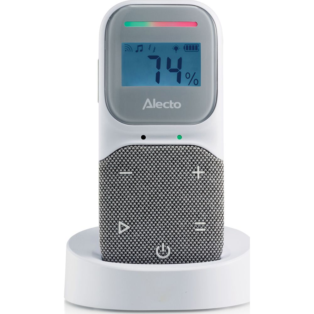 Ein weißer Alecto Baby Monitor mit blauem Bildschirm, der 74% anzeigt.