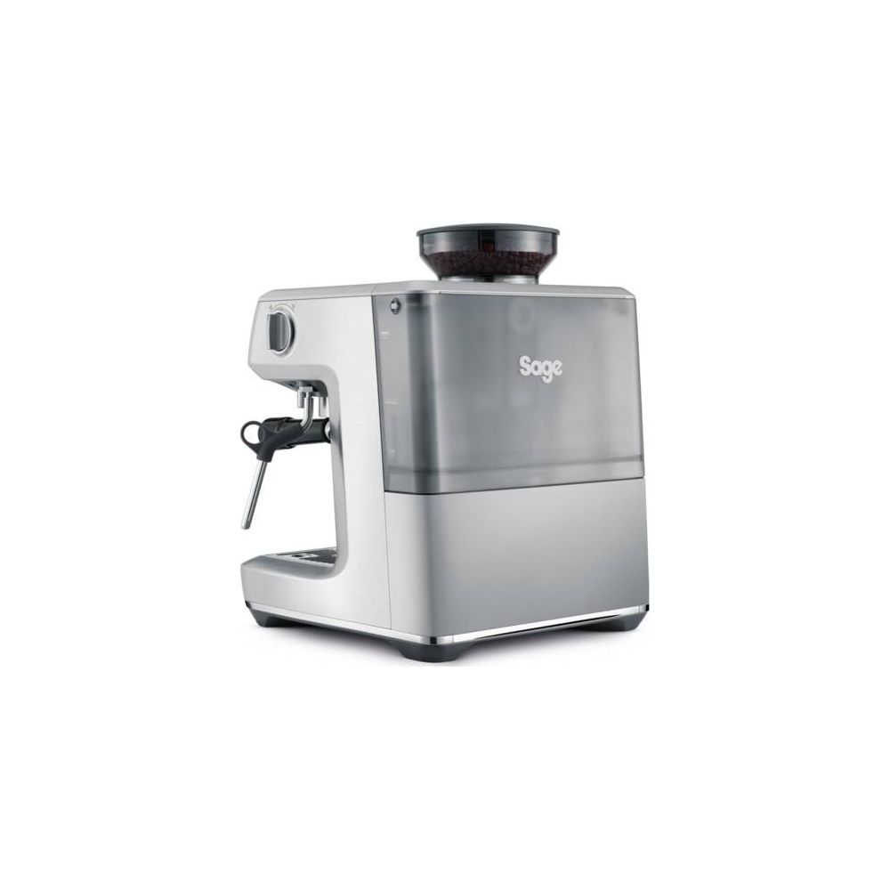 Machine à expresso argentée avec moulin intégré et réservoir d'eau transparent.
