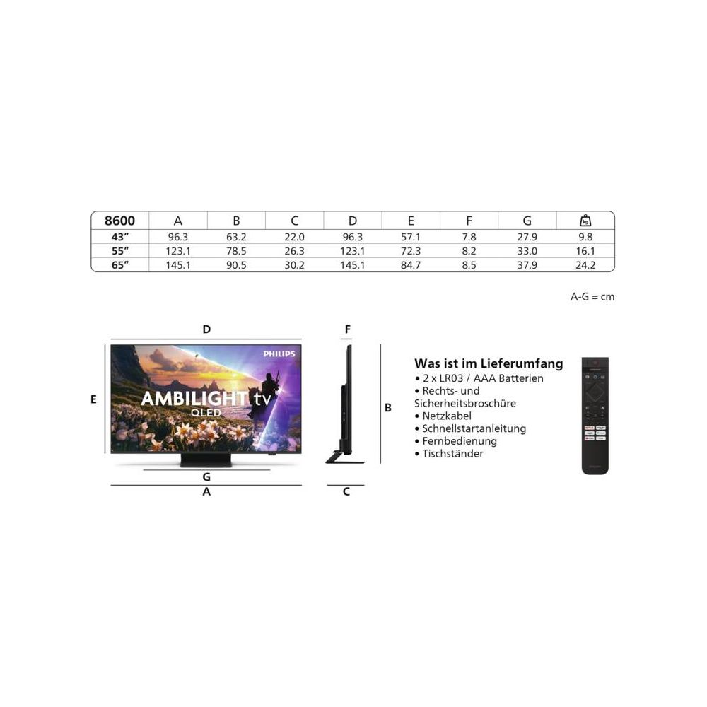 Tabela rozmiarów i wymiarów telewizora, telewizor Philips Ambilight i akcesoria.