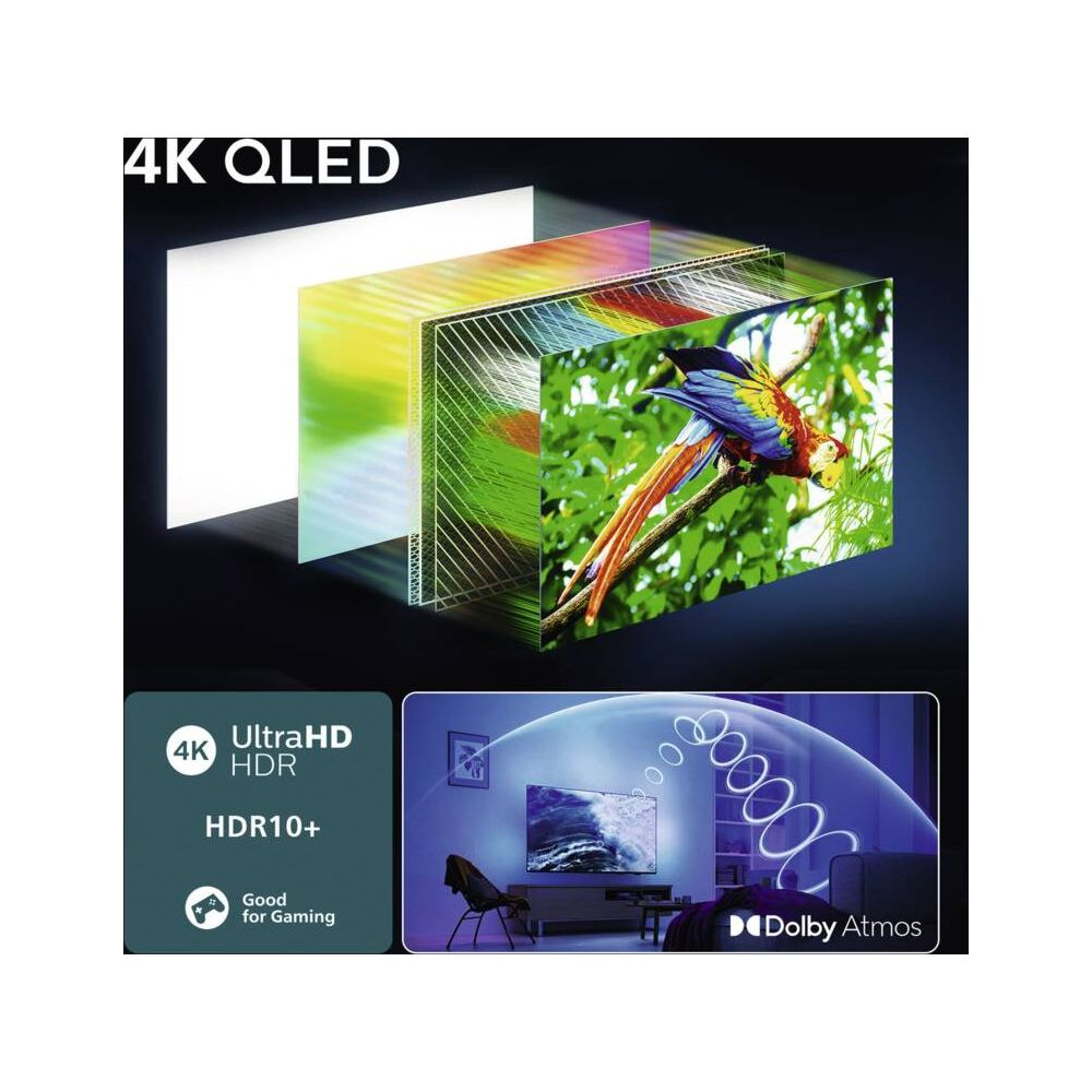 Technologia TV 4K QLED: warstwowy wyświetlacz, żywy obraz papugi, funkcje gamingowe, Dolby Atmos.