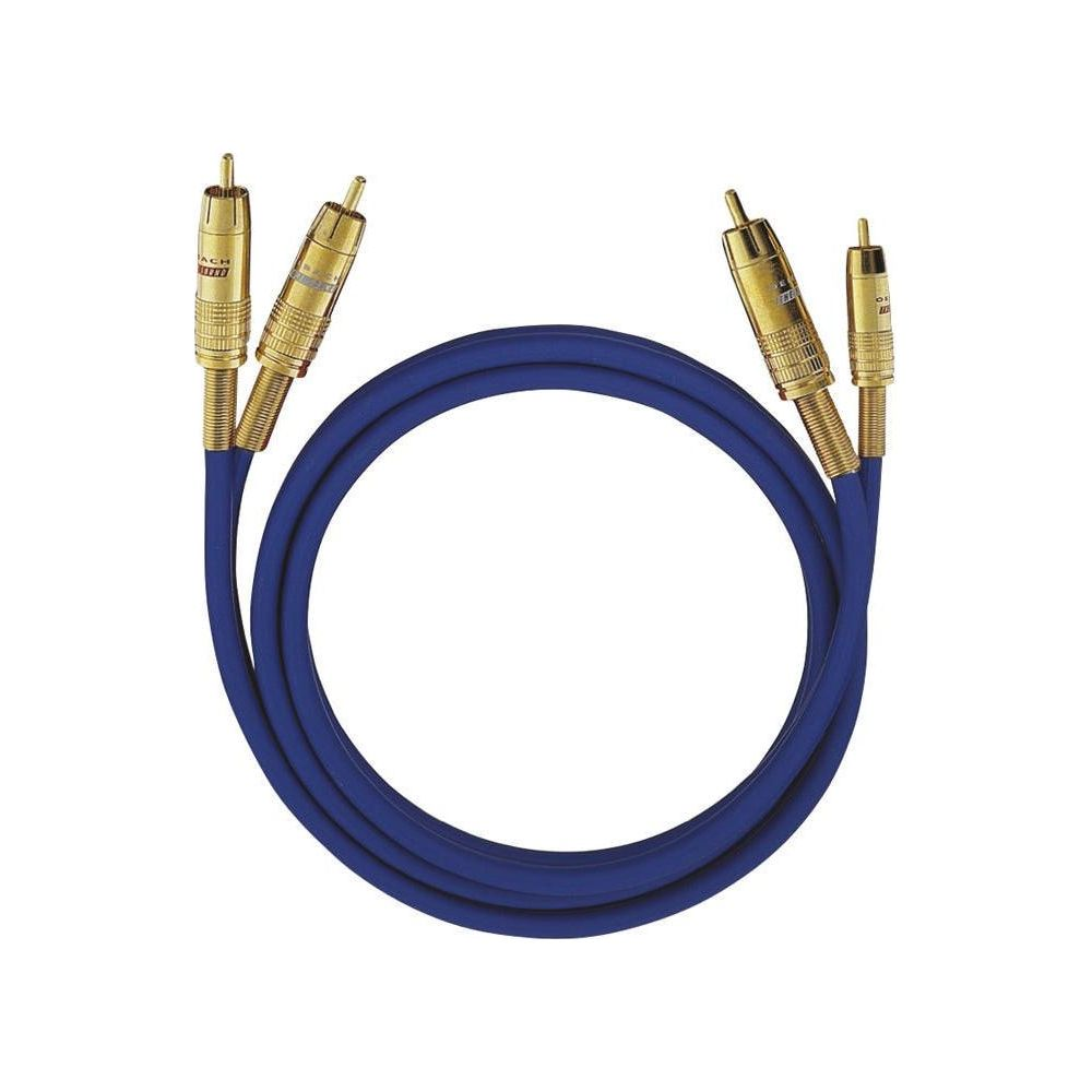 Câble audio bleu avec deux connecteurs RCA plaqués or. Fond blanc.
