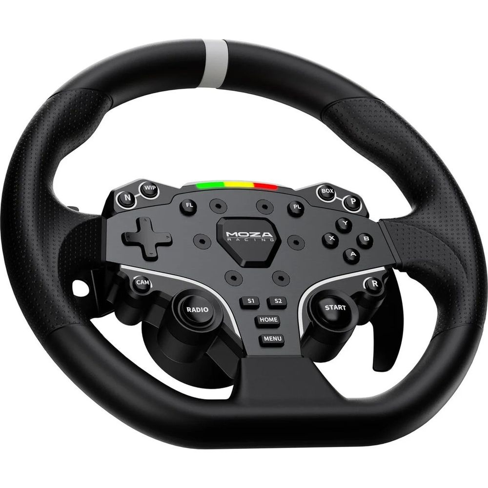 Schwarzes Moza Racing Lenkrad mit Knöpfen, D-Pad und Grifftextur.