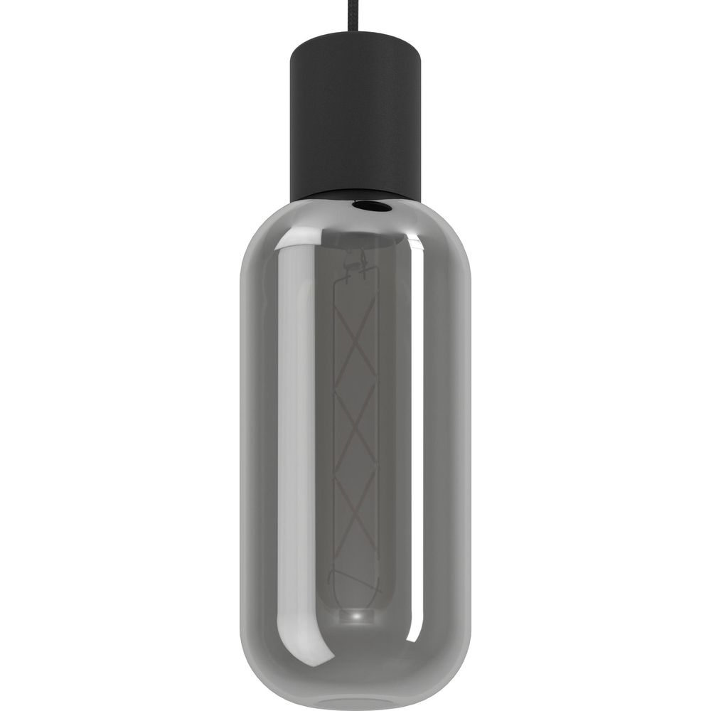 Un portalampada nero tiene una lampadina cilindrica in vetro grigio fumo con filamenti visibili.