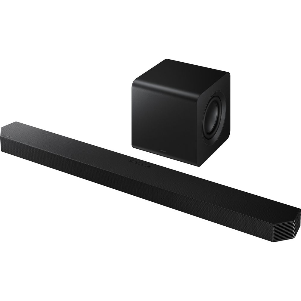Black soundbar and subwoofer against a white background.