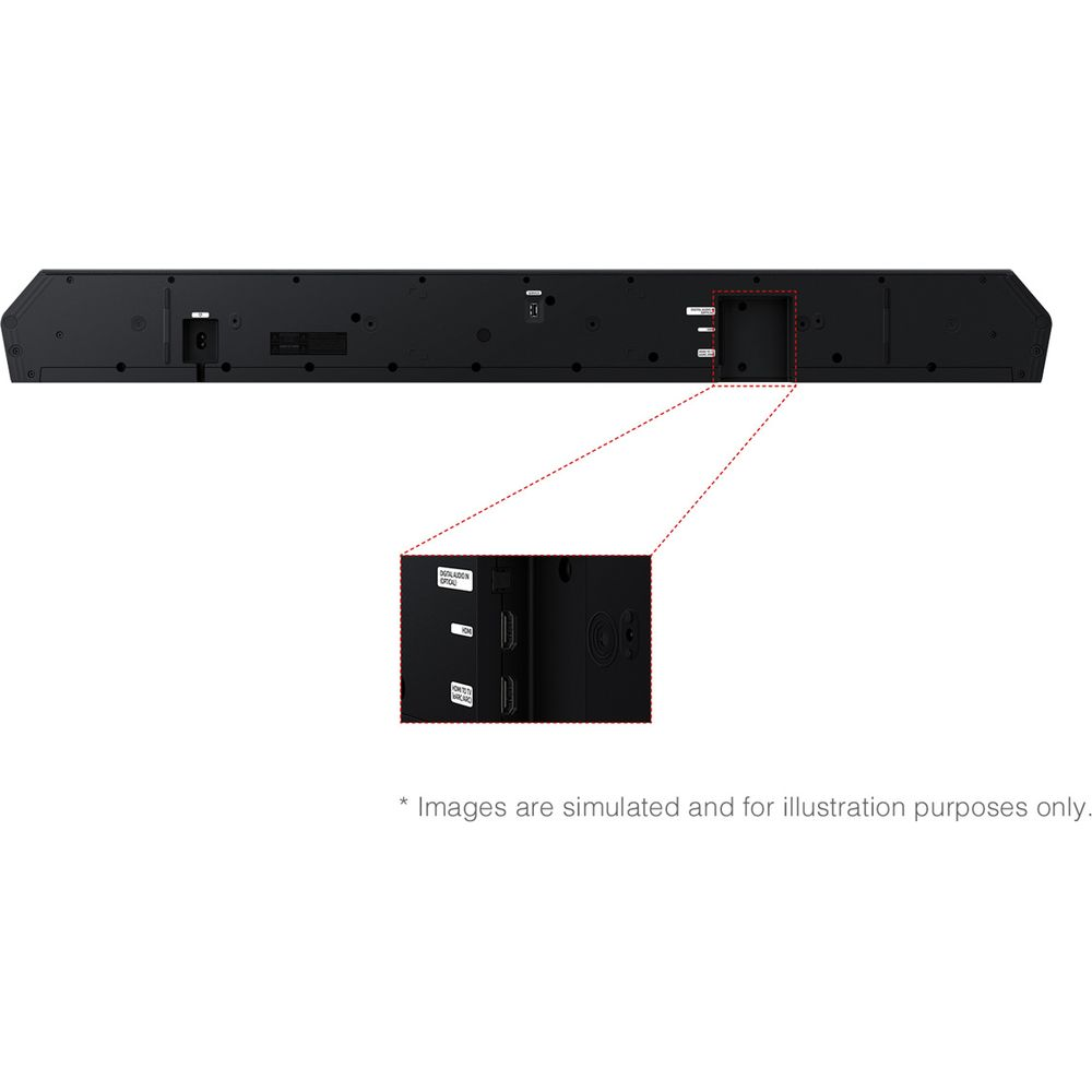 Back of a black soundbar showing ports: optical, HDMI, HDMI ARC.