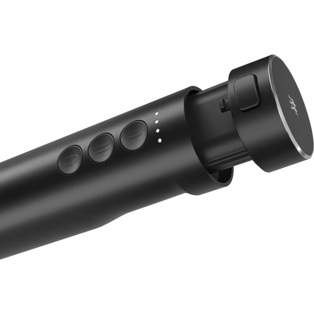 Un dispositivo cilindrico nero con tre pulsanti e quattro spie luminose.