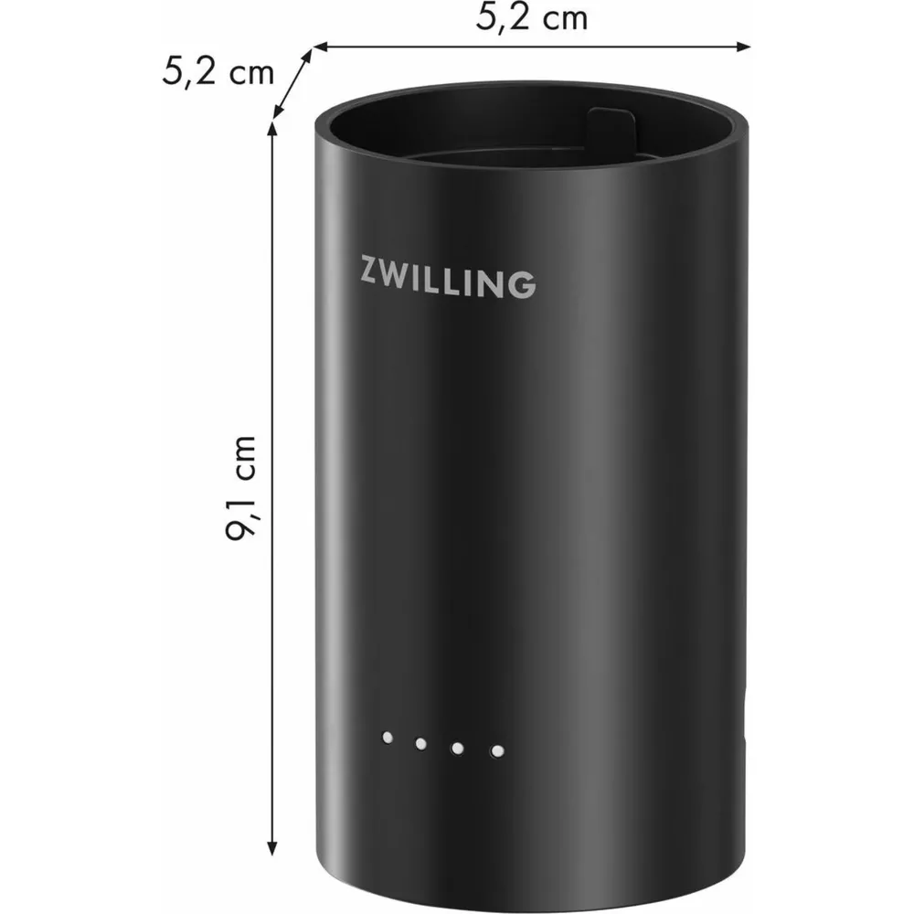 Contenitore nero ZWILLING, 9,1 x 5,2 cm, con quattro luci in basso.