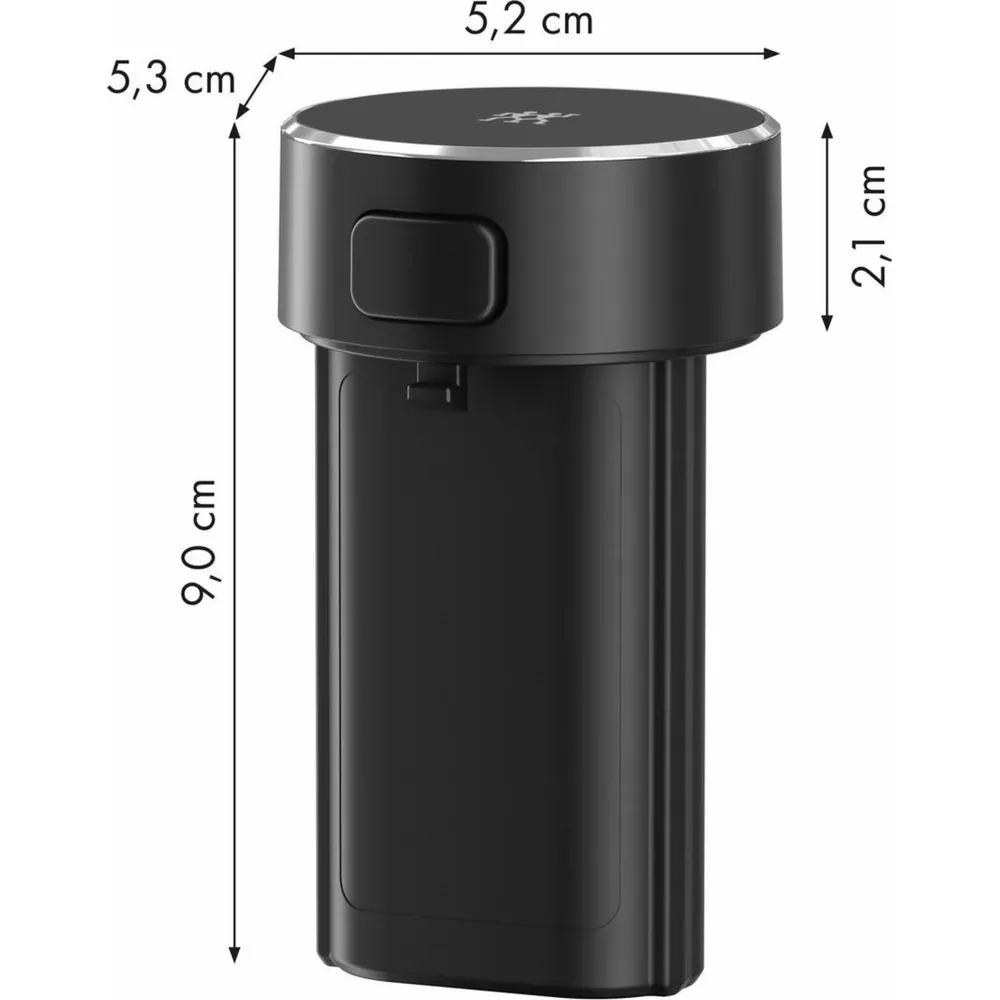Cilindro nero con anello argentato, dimensioni 5,2 x 9,0 cm.