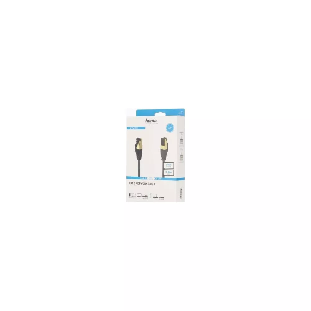 Kabel sieciowy Hama Cat 8 ze złotymi złączami w opakowaniu.