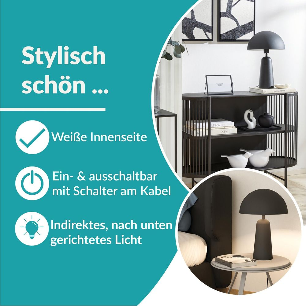 Schwarze Tischleuchte mit weißem Schirm steht auf einem Beistelltisch.