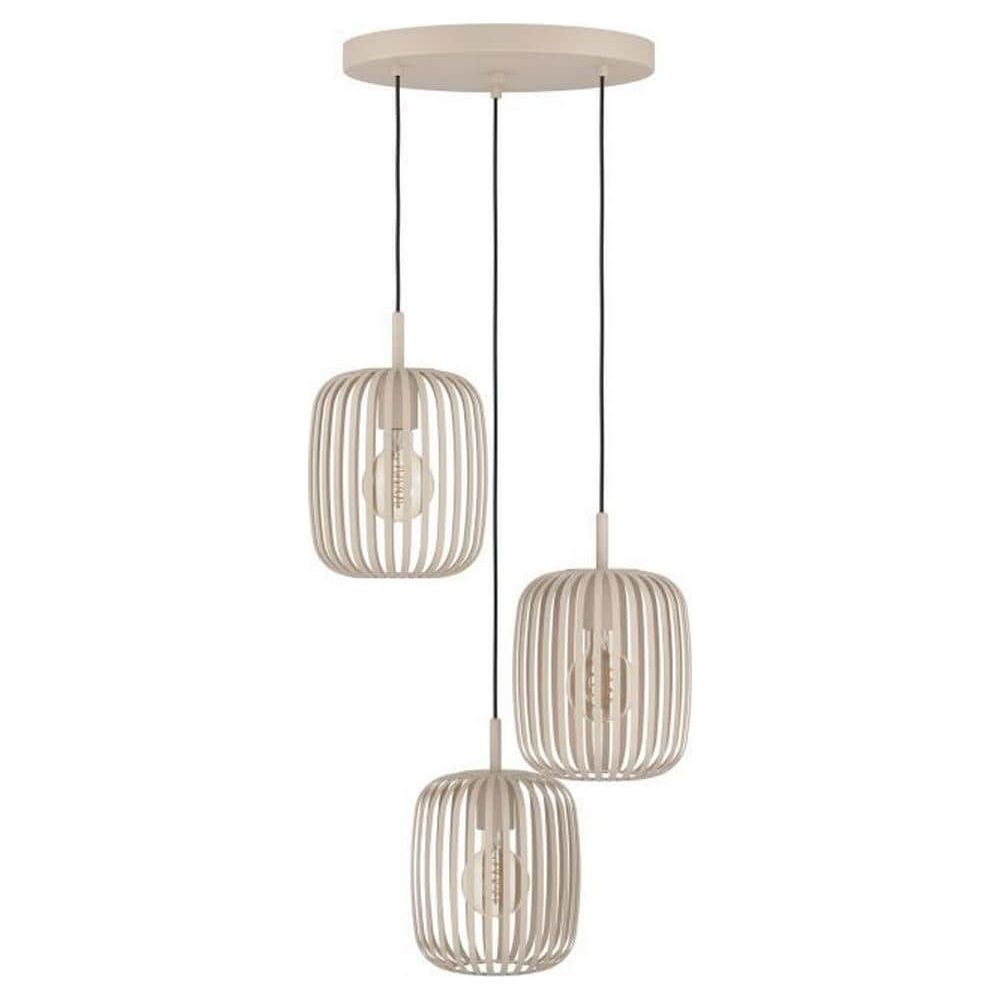Drie witte hanglampen met lamellenschermen hangen aan een ronde plafondplaat.