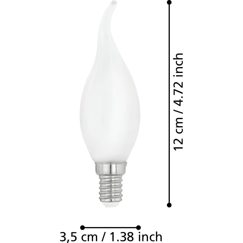 Una lampadina bianca a forma di fiamma con base E14 e dimensioni.