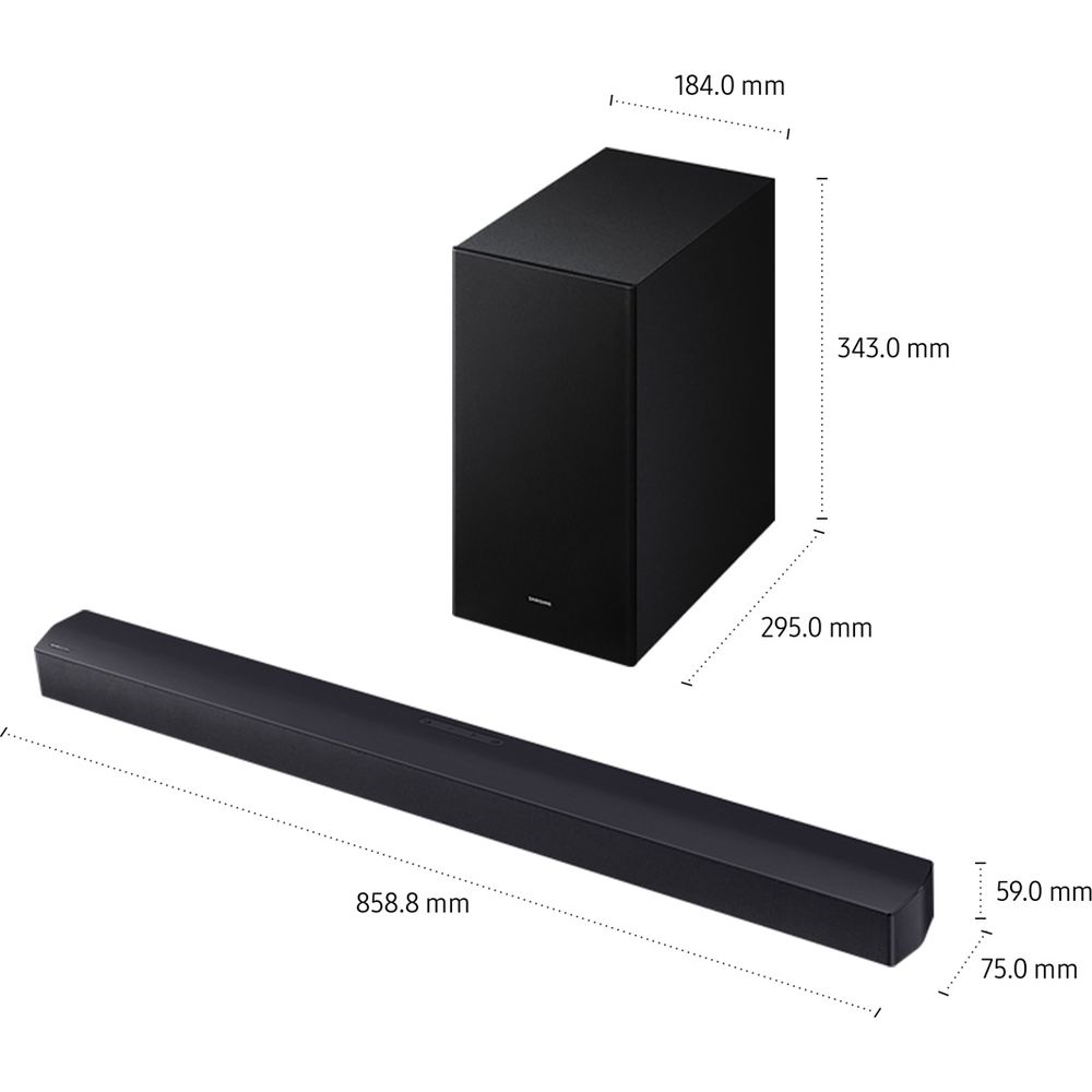 Barre de son et caisson de basses noirs avec dimensions. Barre de son à gauche, caisson de basses à droite.