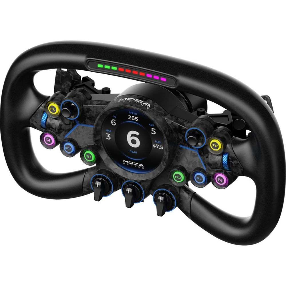 Un volant de course noir avec affichages numériques pour la vitesse, le rapport, etc.