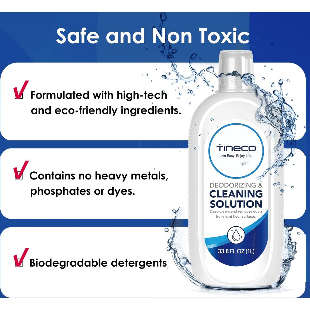 Flacone di detergente Tineco: ingredienti sicuri, non tossici, biodegradabili.