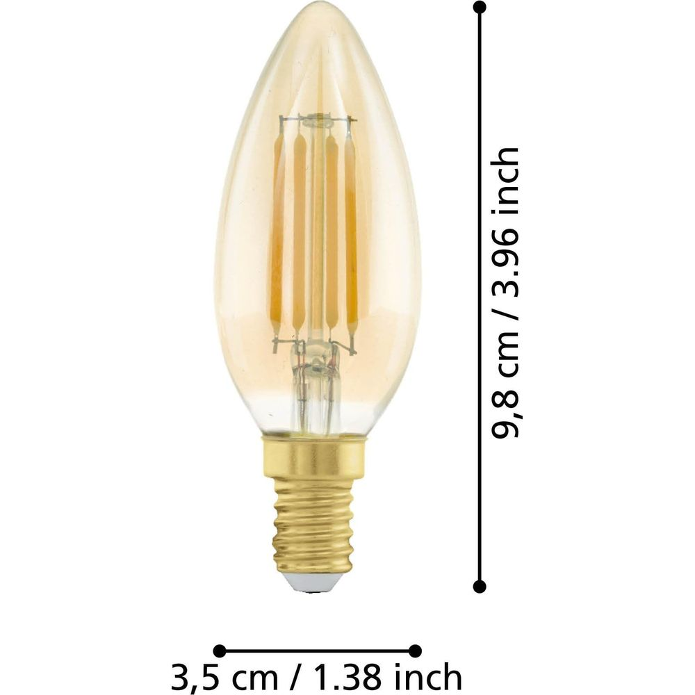 Ampoule ambrée à quatre filaments, montrant les dimensions.
