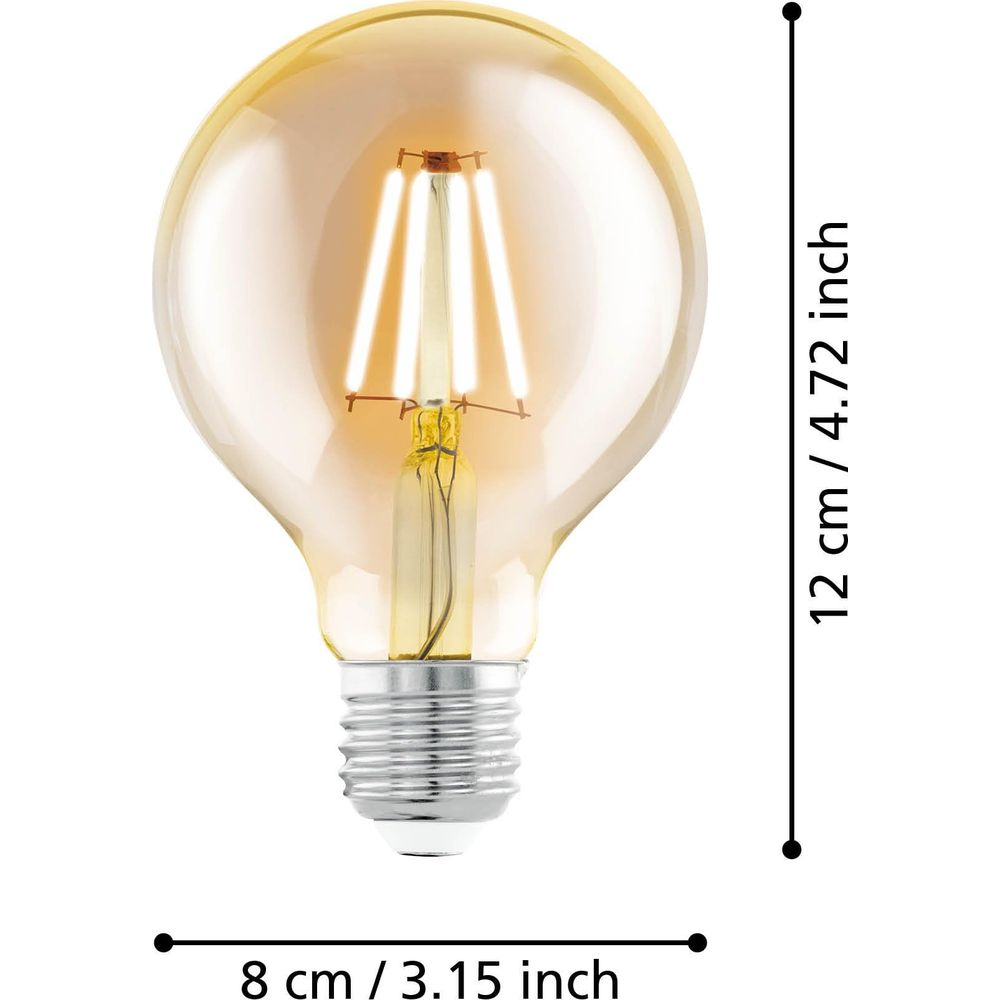 Una lampadina color ambra con filamenti LED visibili e misurazioni.