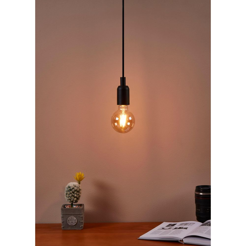 Una lampadina pende dal soffitto, accanto a un cactus e un libro.