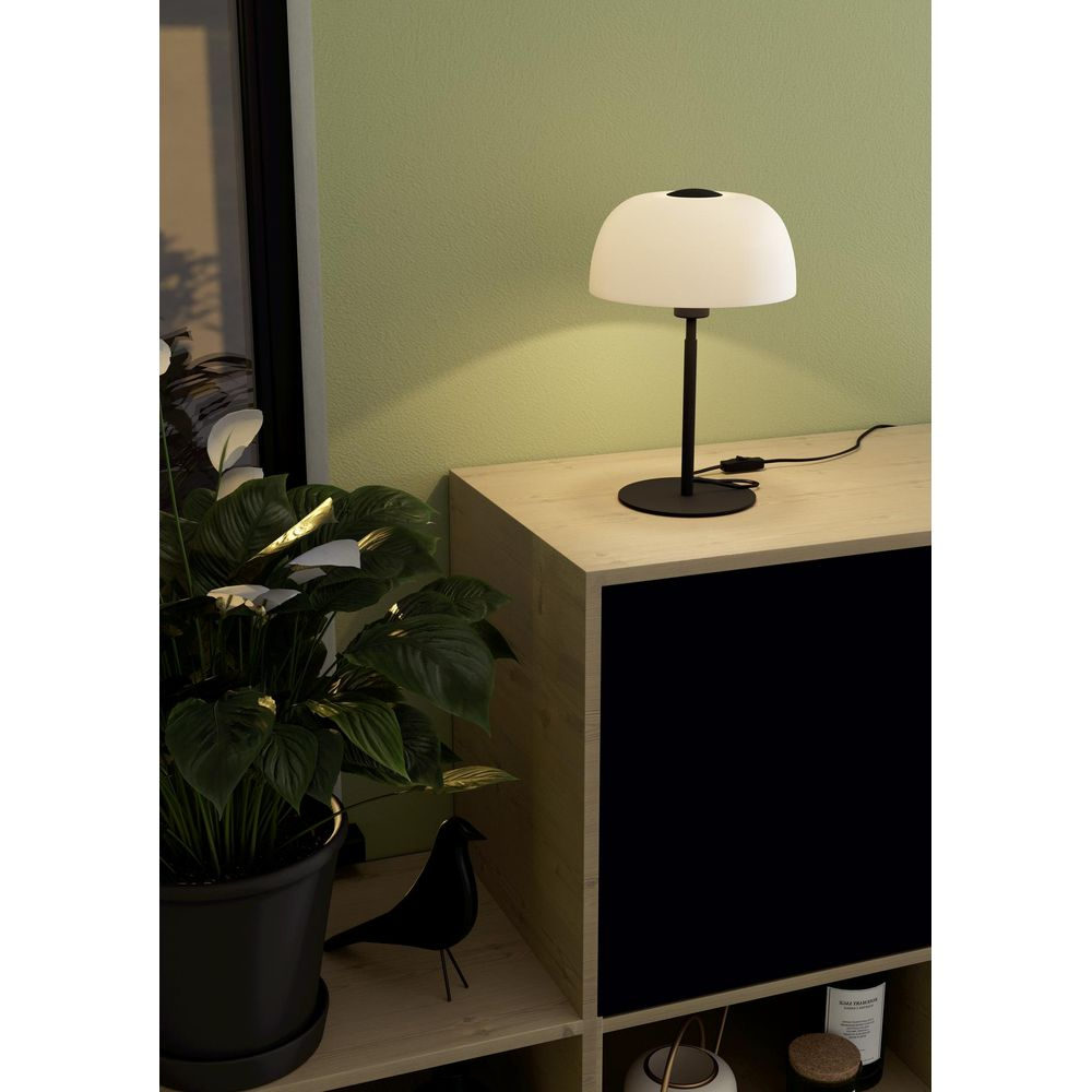 Eine weiße Lampe auf einem Holzschrank neben einer Topfpflanze.