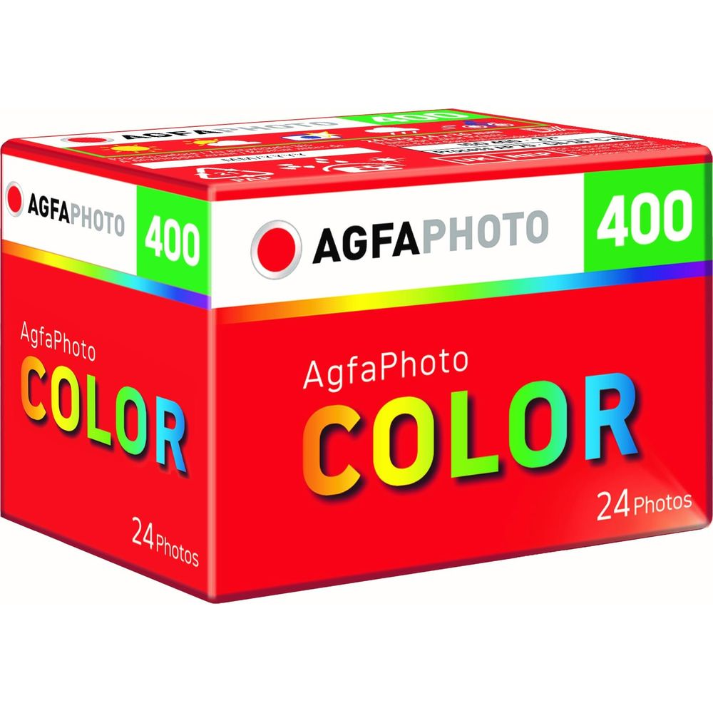 Pudełko filmu AgfaPhoto Color 400 na 24 zdjęcia, czerwone z kolorowymi akcentami.