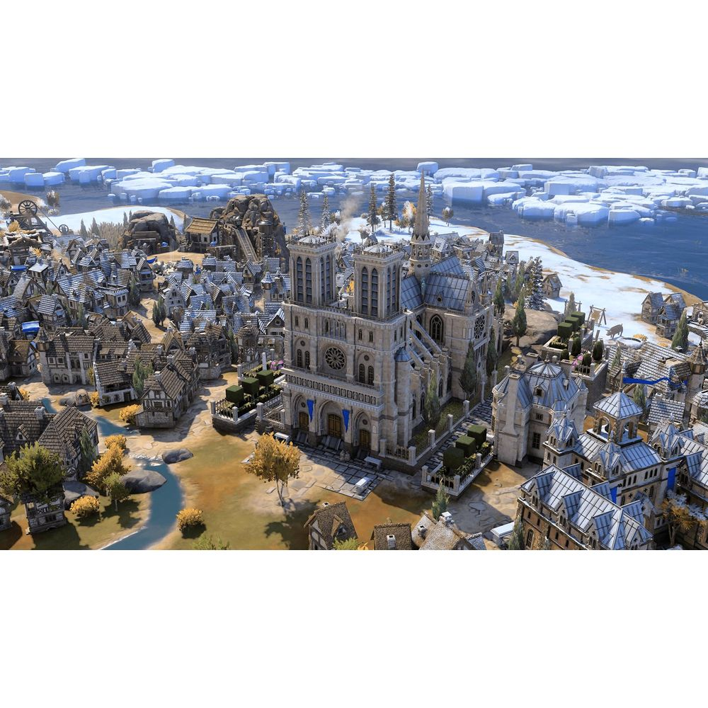 Una città medievale con una grande cattedrale al centro, circondata da case.