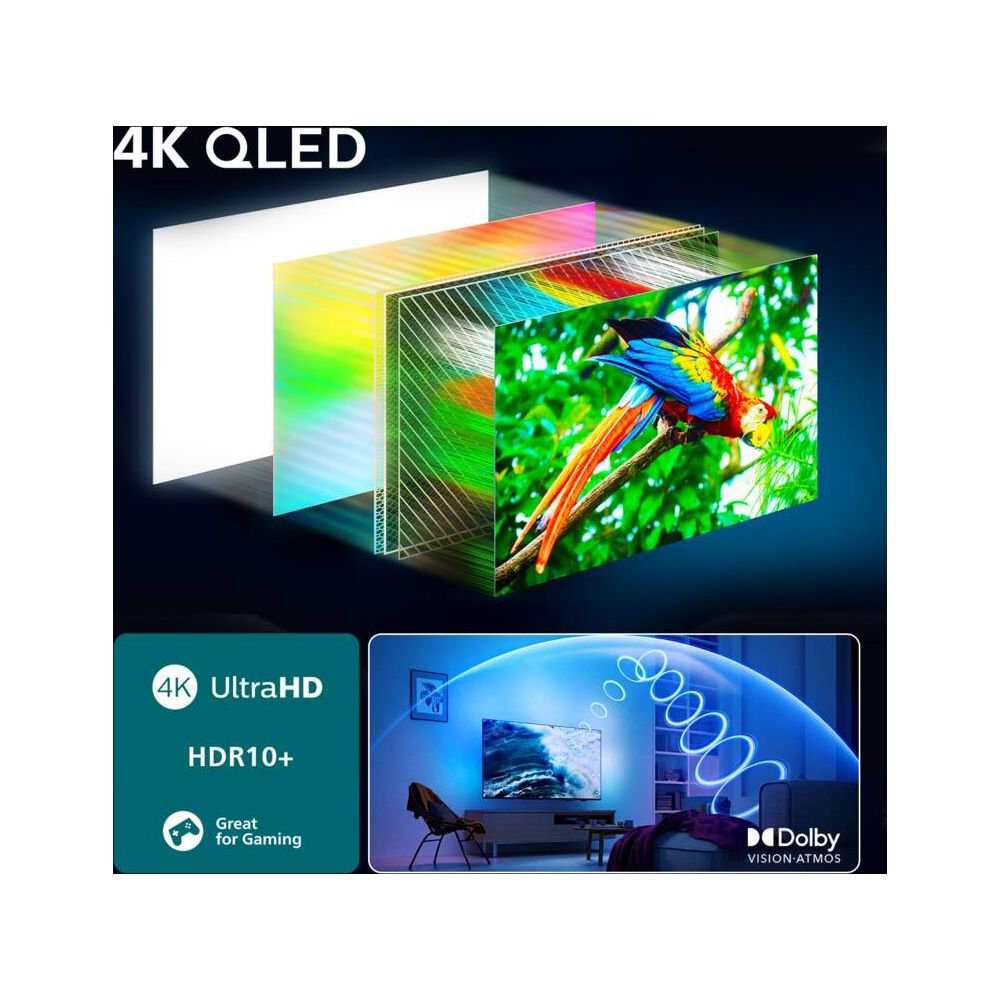 Telewizor 4K QLED z żywym obrazem papugi, HDR10+, Dolby Vision.