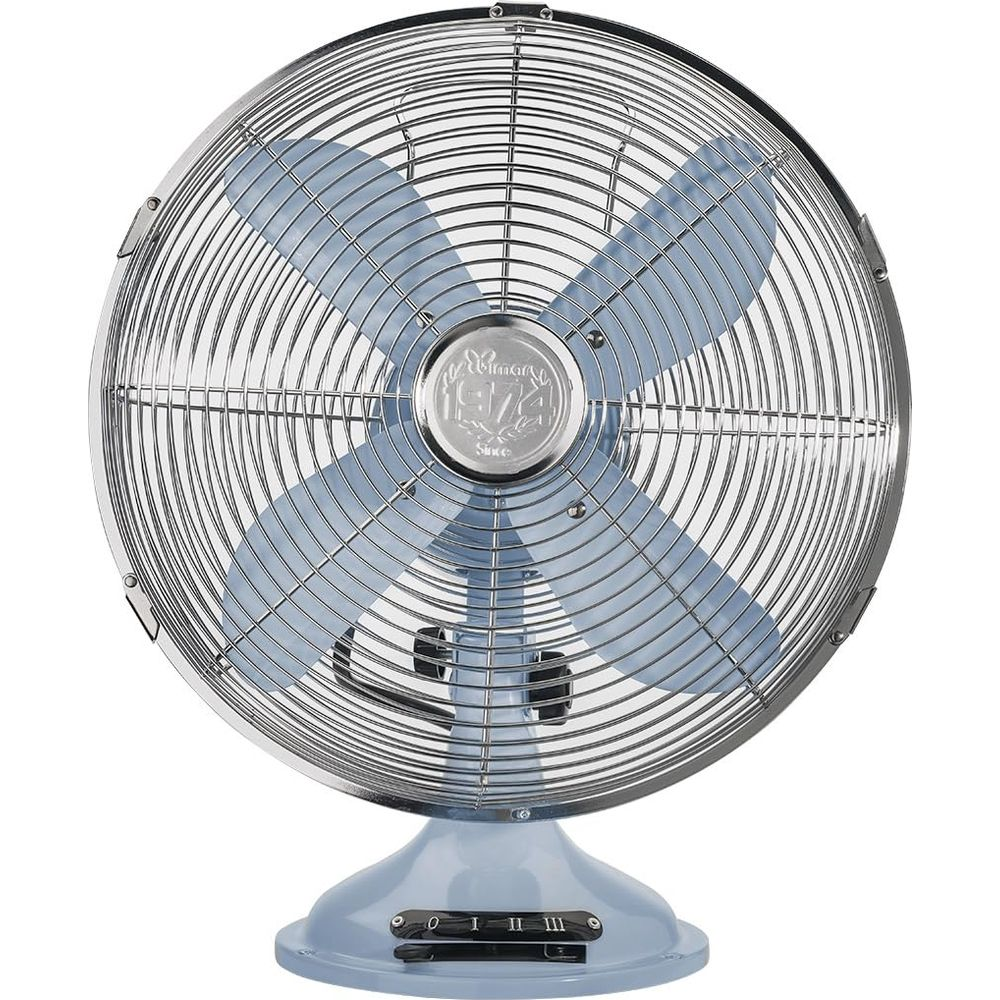 Un ventilatore da tavolo retrò blu con griglia metallica e quattro pale.