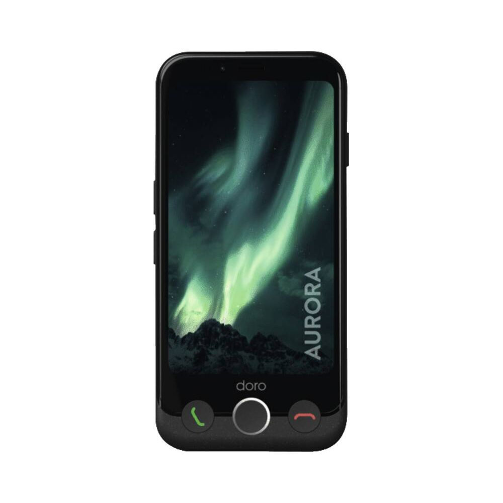 Ein schwarzes Smartphone mit Aurora-Hintergrundbild und Tasten.