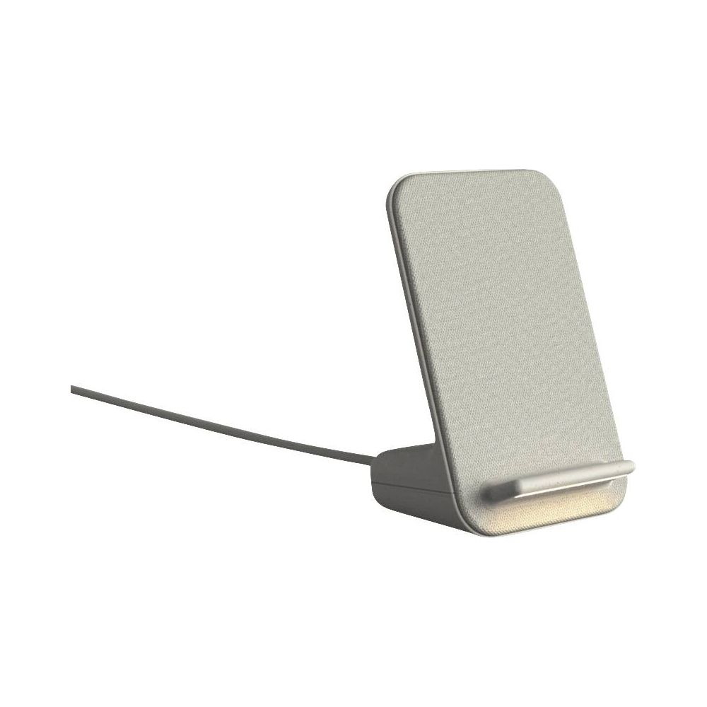 Ein grauer Stoff-Ladeständer mit einem Kabel, das links aus dem Sockel kommt.