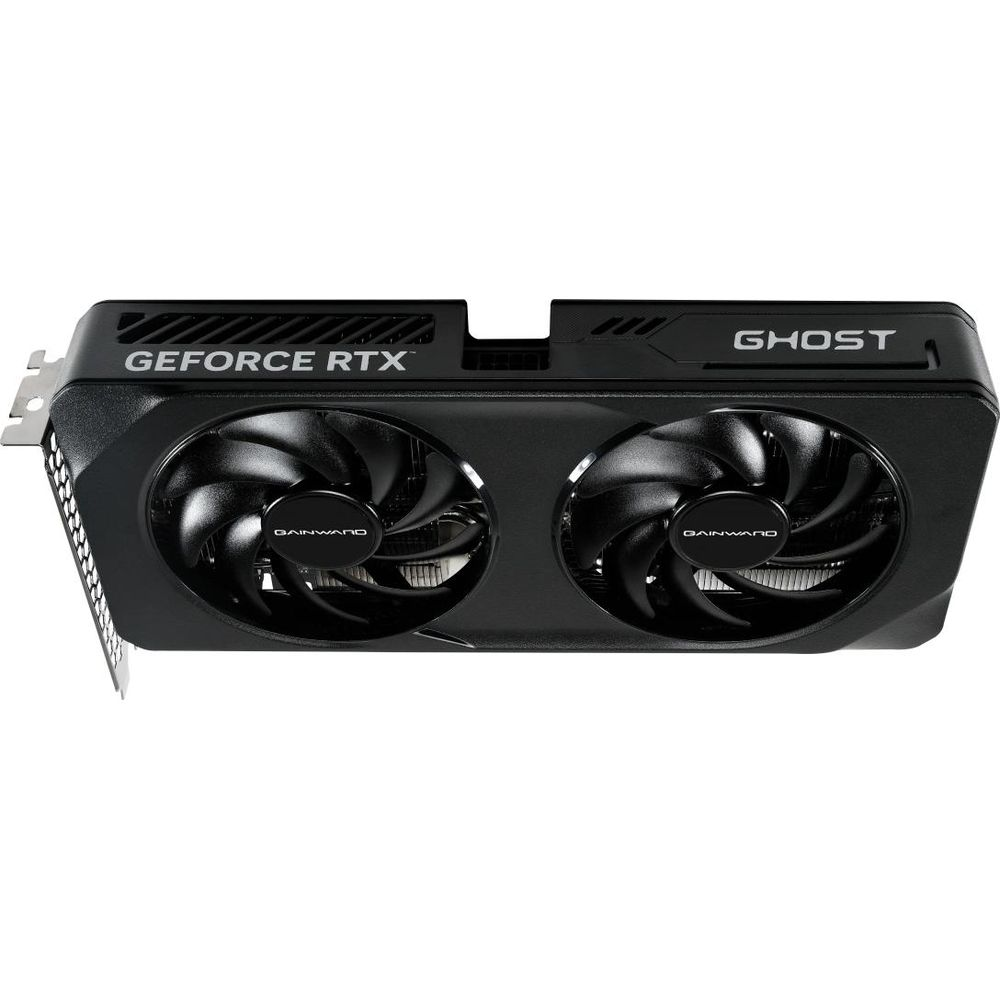 Scheda grafica nera con due ventole, con testo "GEFORCE RTX" e "GHOST".
