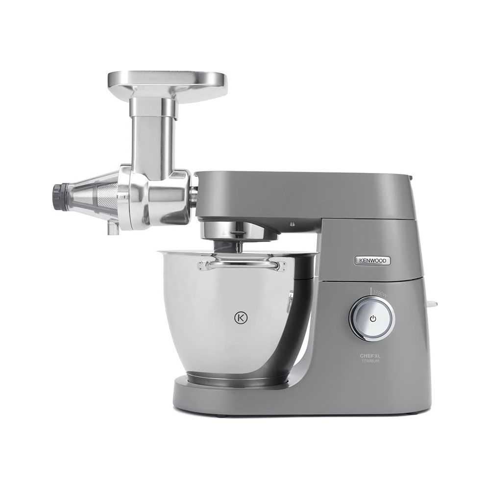 Szara robot kuchenny Kenwood z wyciskarką i misą ze stali nierdzewnej.