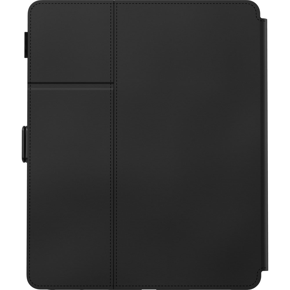 Custodia nera per tablet con cucitura verticale e chiusura laterale.