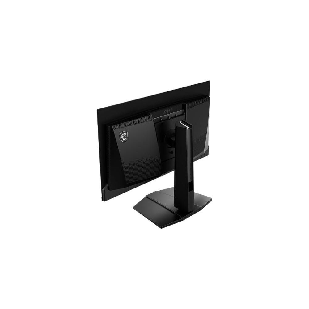 Czarny monitor MSI widziany od tyłu ze stojakiem na białym tle.