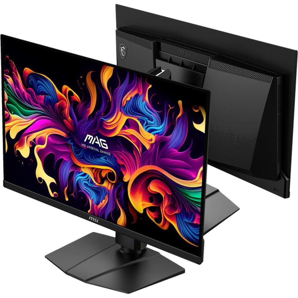 Czarny monitor gamingowy MSI z kolorową, abstrakcyjną tapetą o żywych barwach.