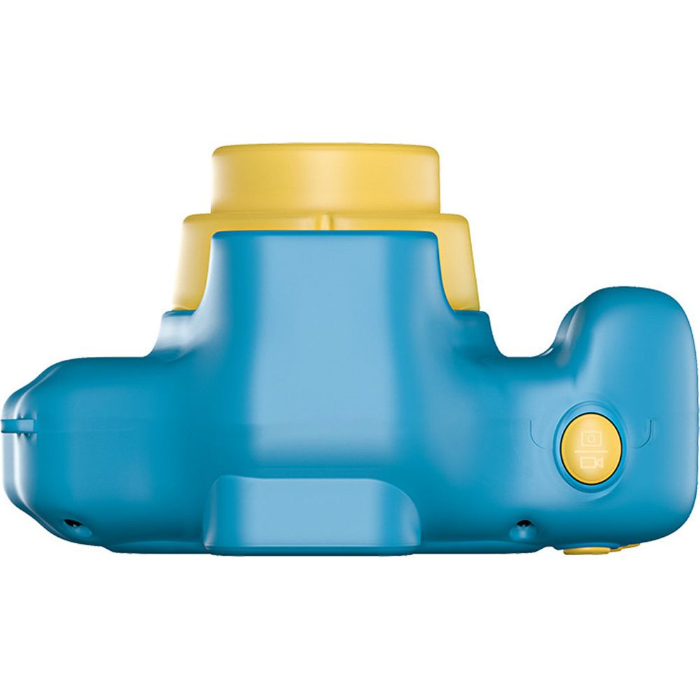 Blaugelbe Kamera mit gelbem Auslöser und Kamera-Symbol.