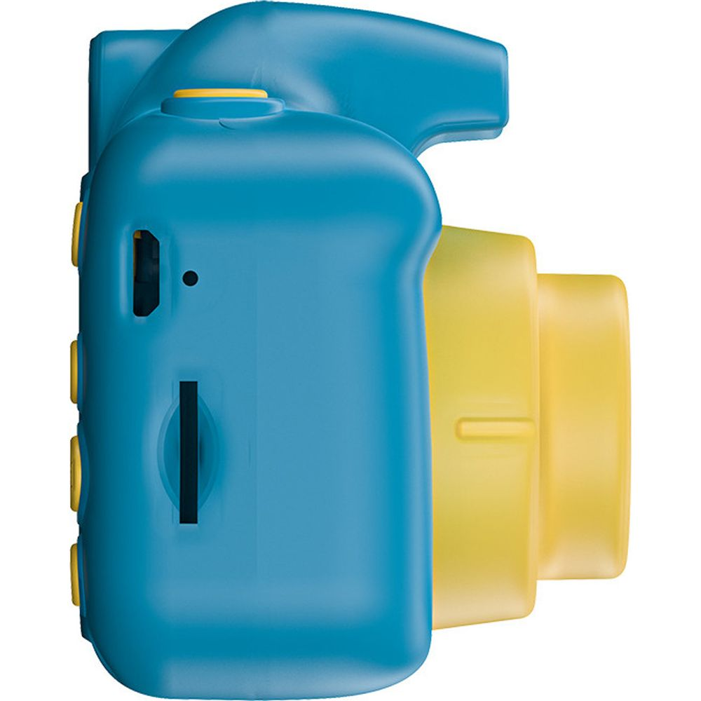 Blau-gelbe Digitalkamera mit seitlichen Knöpfen und Linsenansatz.