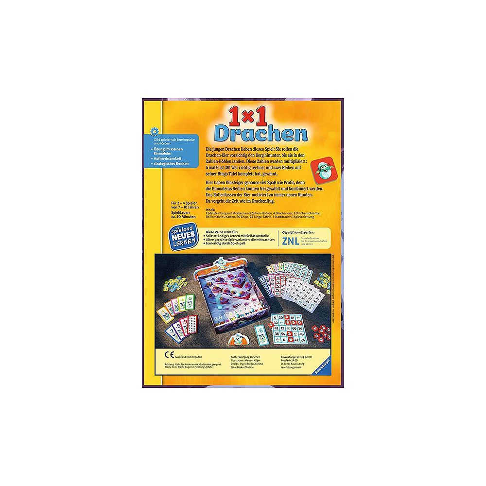 Spielverpackung "1x1 Drachen": Mit Spielfiguren, Karten und Bingo-Tafeln.