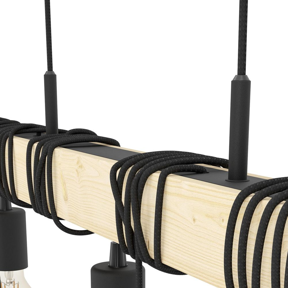 Lampada a sospensione trave in legno con cavi neri e portalampada.