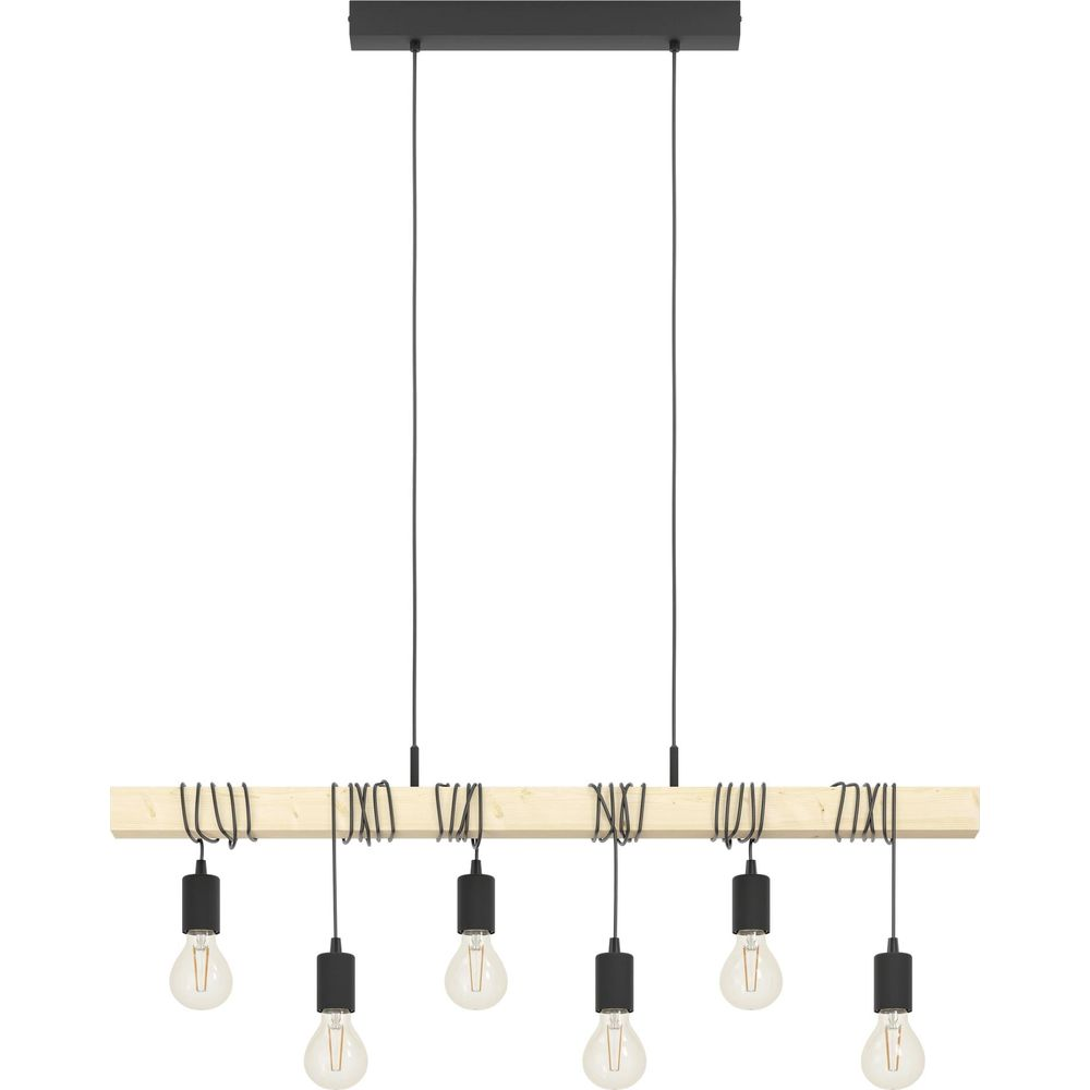 Lampada a sospensione con trave in legno e sei lampadine, nera.