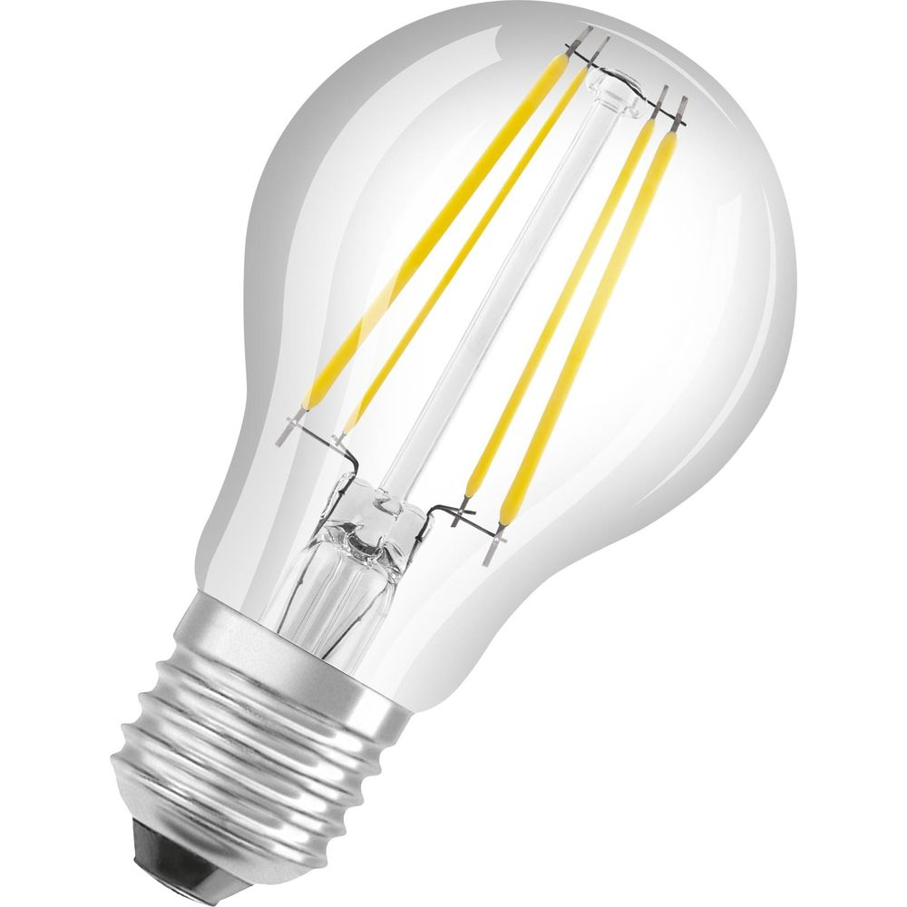 Eine klare Glühbirne mit vier gelben LED-Fäden und einem silbernen Sockel.