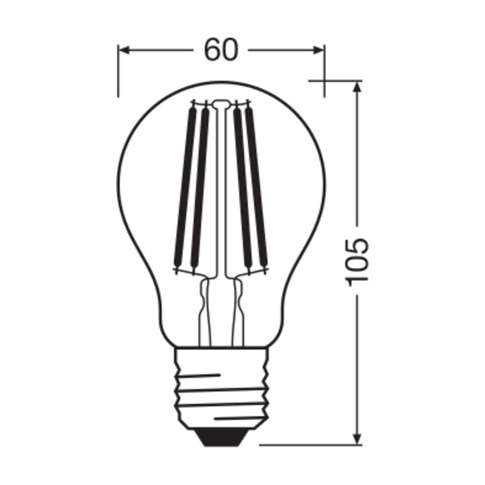 Technische Zeichnung einer Glühbirne mit Maßen 60x105mm.