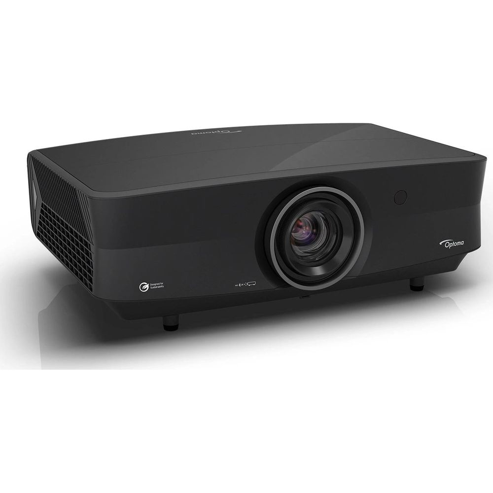 Czarny projektor Optoma na białym tle.