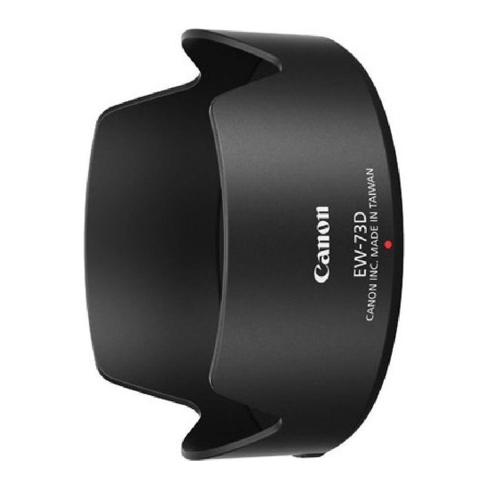 Czarny tulipan obiektywu Canon EW-73D, na białym tle.