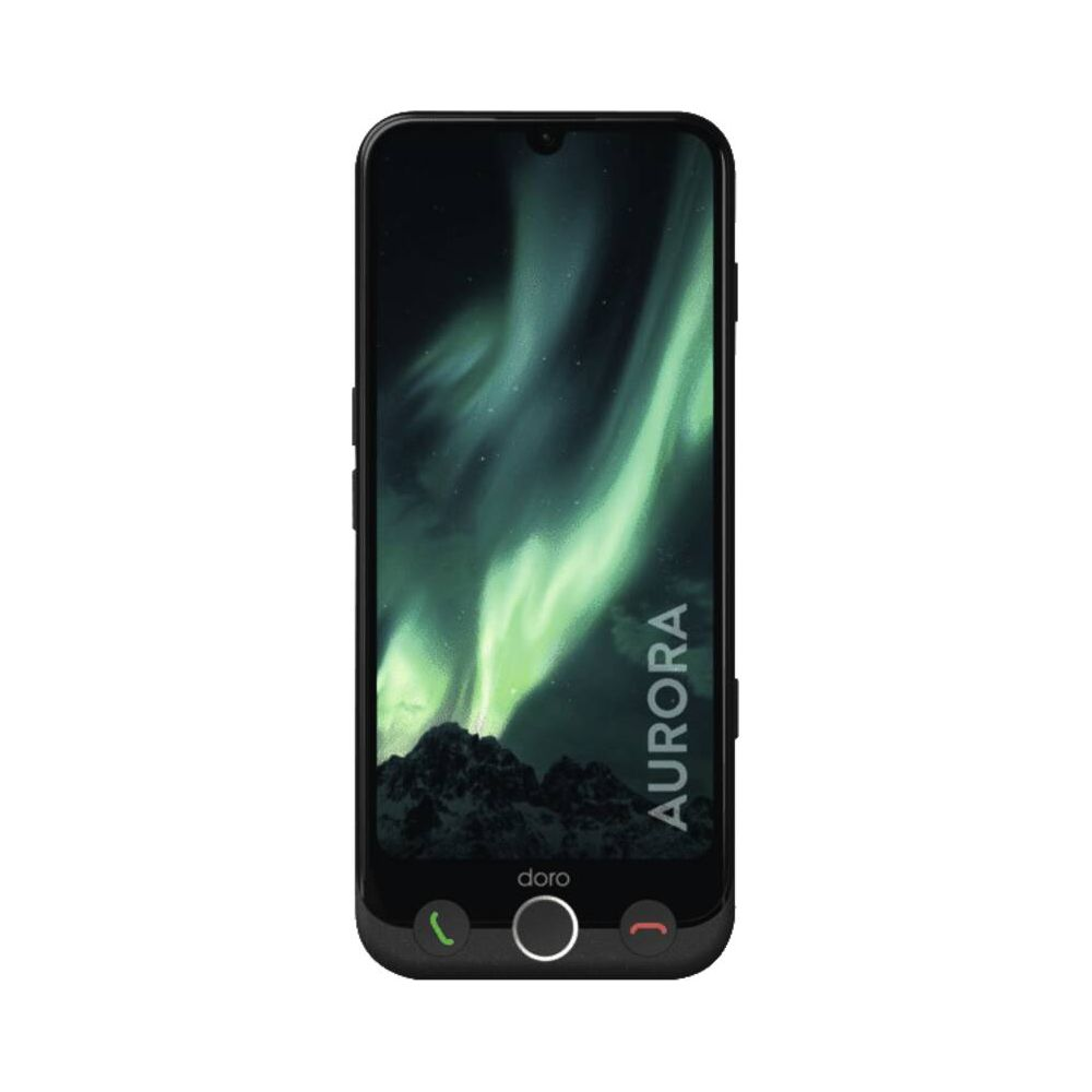 Schwarzes Smartphone mit Aurora-Hintergrundbild und Berührungssteuerungstasten.