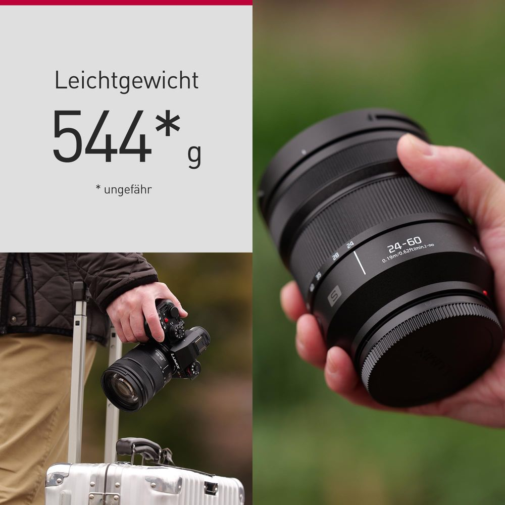 Leichtgewicht 544g, ungefähre Angabe. Person hält Kamera, daneben Koffer.