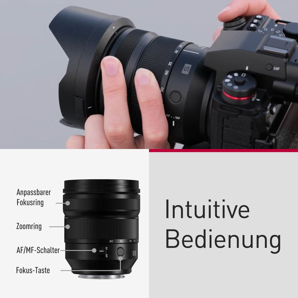 Hände bedienen eine Kamera mit einem Objektiv, mit Detailansicht des Objektivs.