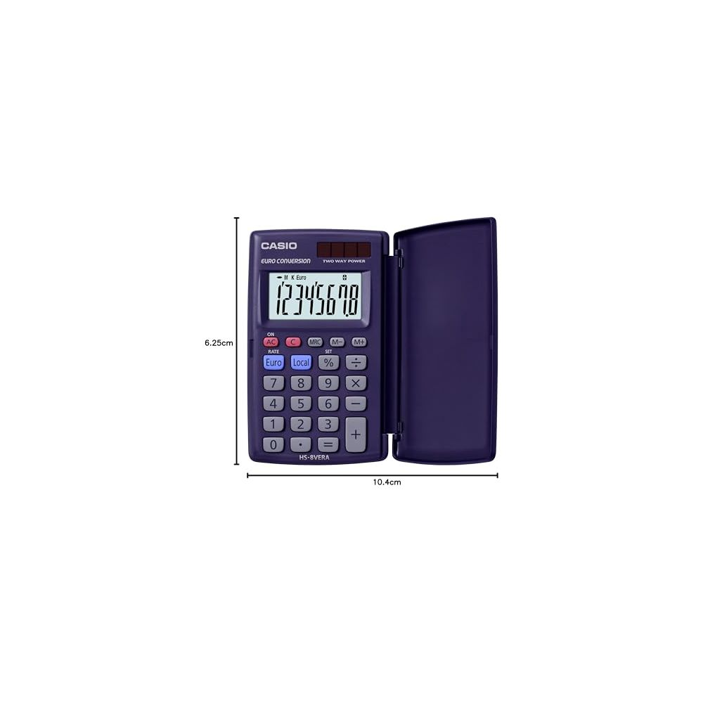 Ciemnoniebieski kalkulator Casio z otwartą klapką, wyświetla liczby.