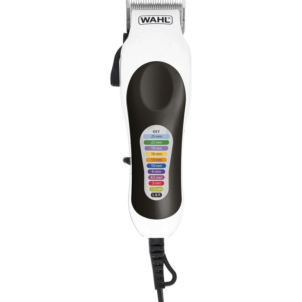 Ein weißer Wahl Haarschneider mit schwarzem Griff und Längenangaben.