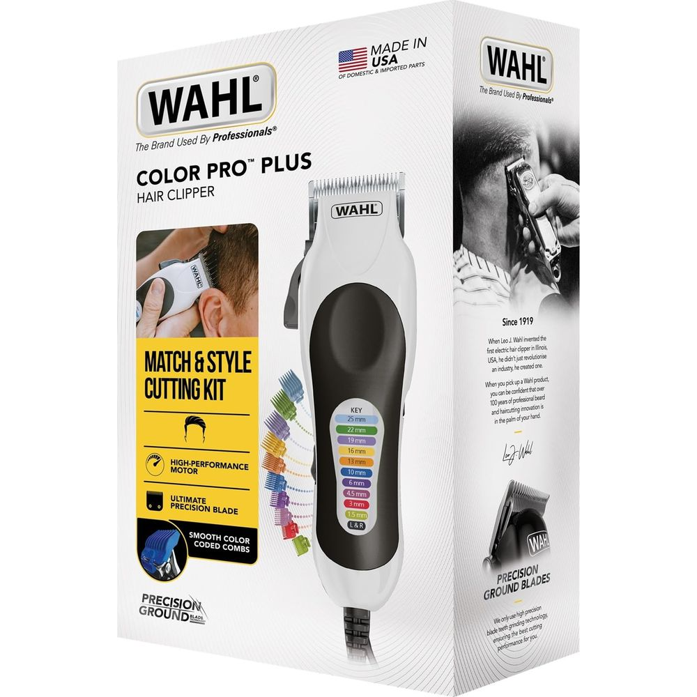 Wahl Color Pro Plus Haarschneider-Verpackung mit Zubehör und Produktdetails.